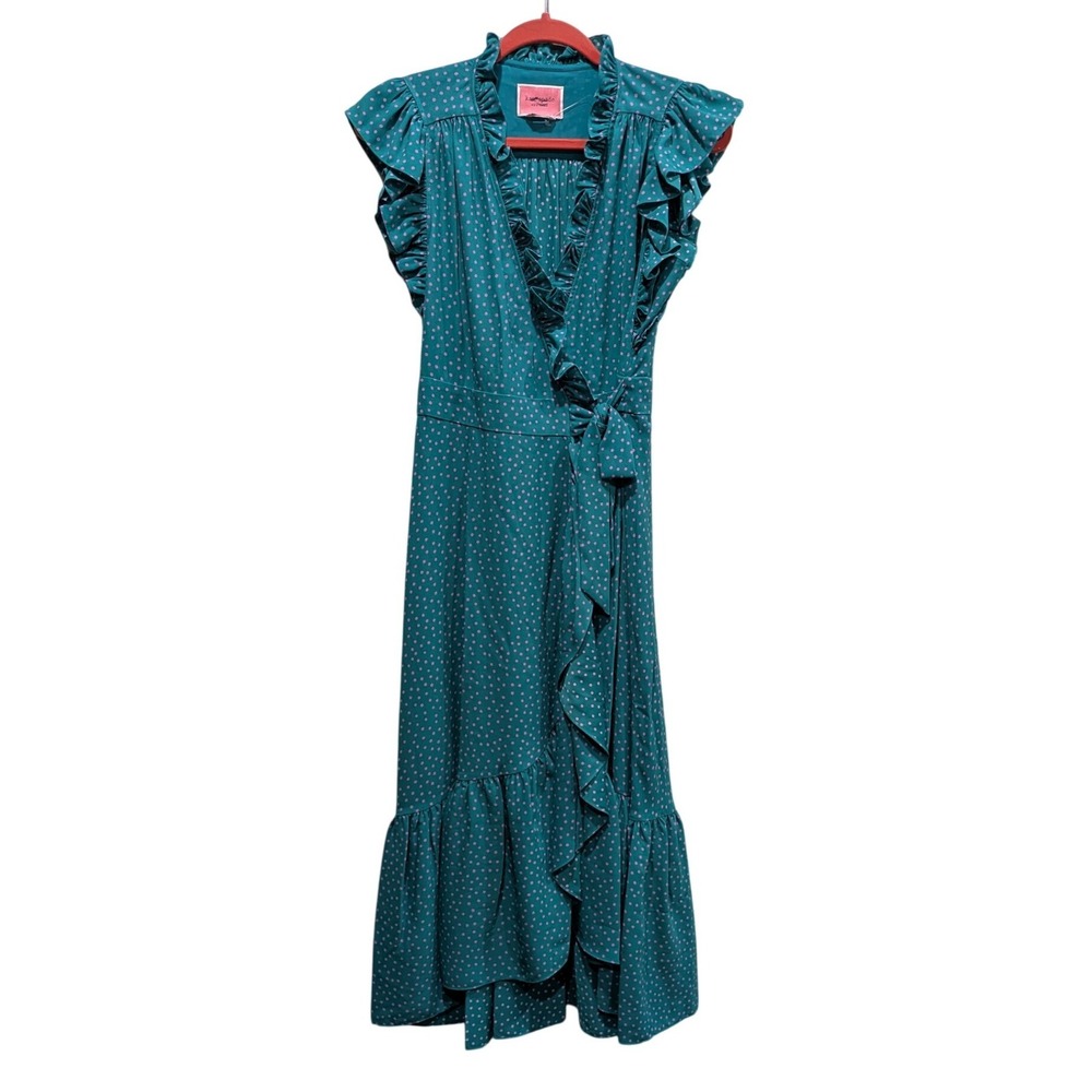 Kate Spade Polka Dot Ruffle Wrap Midi Dress 4 Poolside Green Pink Belted